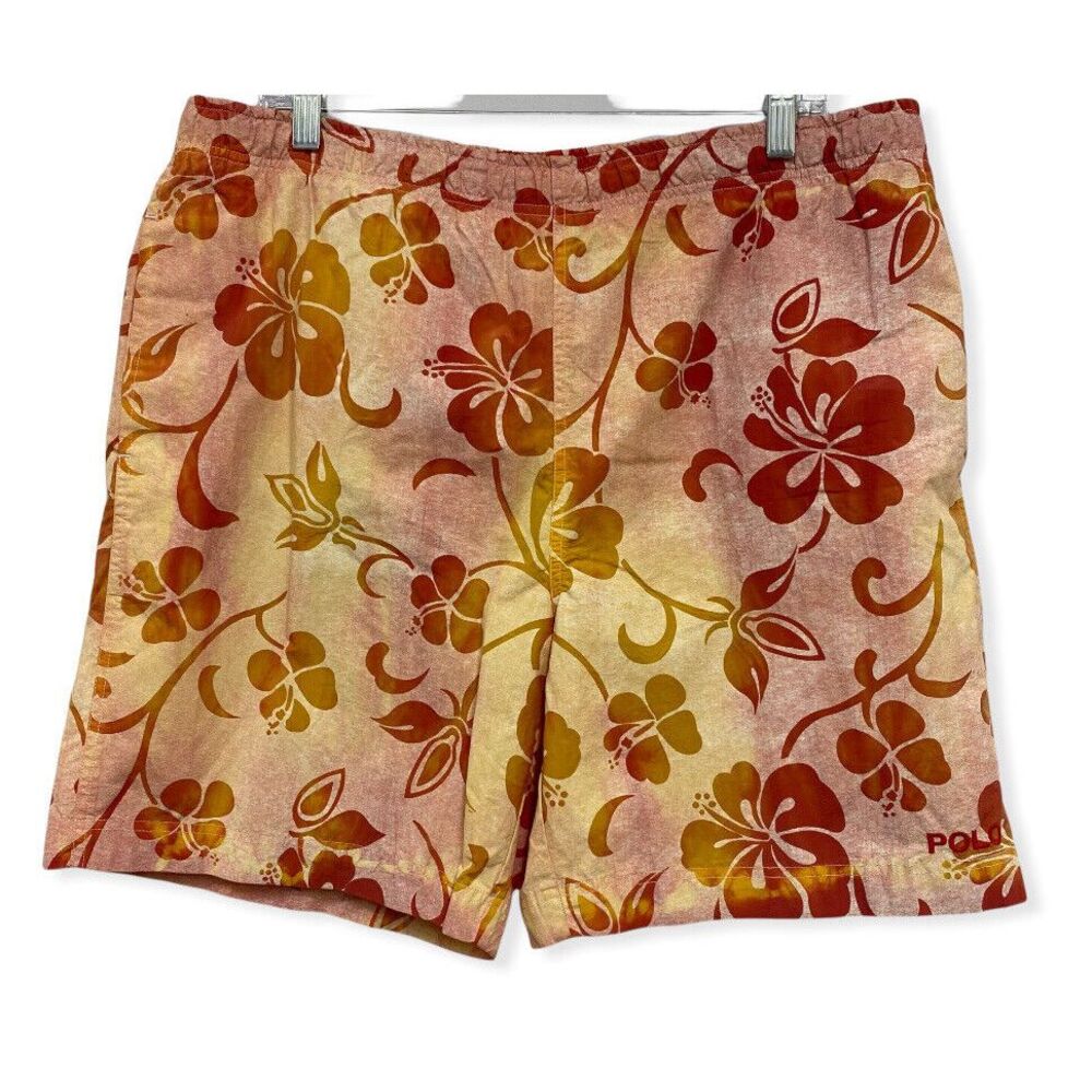 Vtg Polo Sport Ralph Lauren Men's Sz M Orange/Yellow Hawaiian Floral Swim Trunks